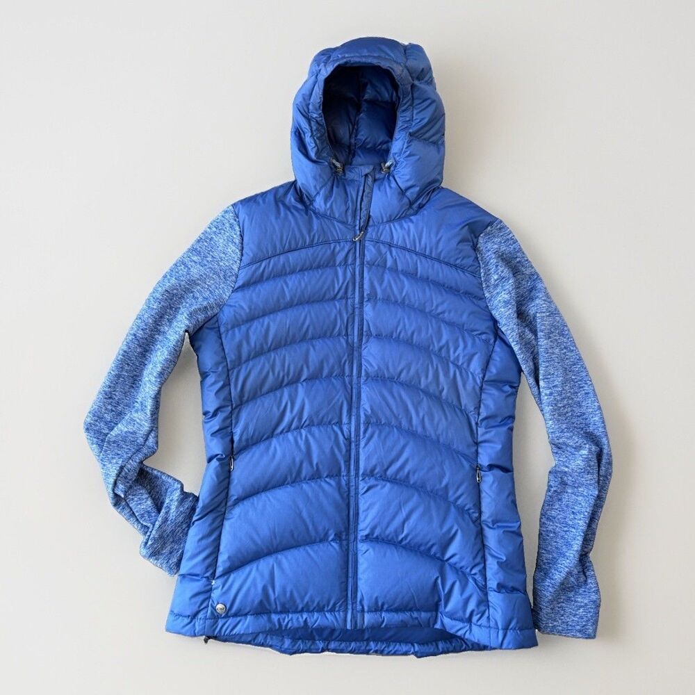 Outdoor Research Plaza Down Hoodie Puffer Jacket Womens Large L Blue Hybrid Coat